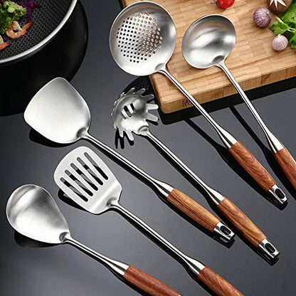 Cooking Utensils Set,7pcs 304 Stainless Steel Kitchen Utensils Set with Holder,Heat Resistant Wooden Handle Kitchen Tools - style: Cooking Utensils-wood handle