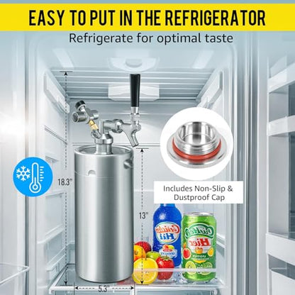 MRbrew 128oz Mini Keg Growler Portable Draft Beer Dispenser System Pressurized Stainless Steel Beer Growler Tap System Home Mini Kegerator, with Professional Beer Tap and CO2 Regulator to Keep Fresh