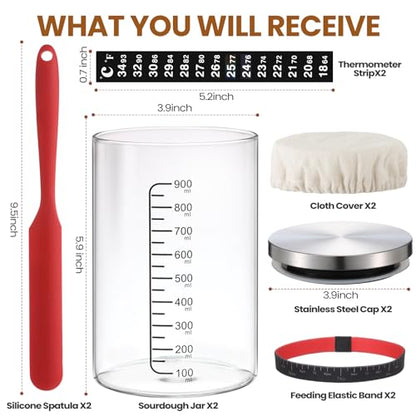 Potchen 2 Set Sourdough Bread Starter Kit 34oz Sourdough Starter Kit with Thermometer Scraper Cloth Cover and Lid Wide Mouth Sourough Bread Baking Supplies(Retro Style,Silver)