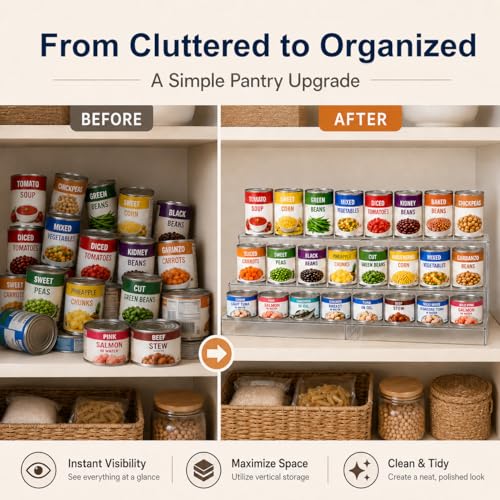 Expandable Can Rack Organizer for Pantry:3-Tier Clear Acrylic Canned Food Storage Holder, Adjustable Pantry Shelf for Kitchen Cabinet & Countertop, Holds Up to 24 Cans