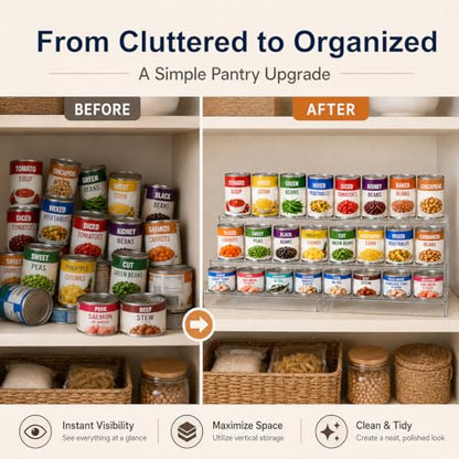 Expandable Can Rack Organizer for Pantry:3-Tier Clear Acrylic Canned Food Storage Holder, Adjustable Pantry Shelf for Kitchen Cabinet & Countertop, Holds Up to 24 Cans