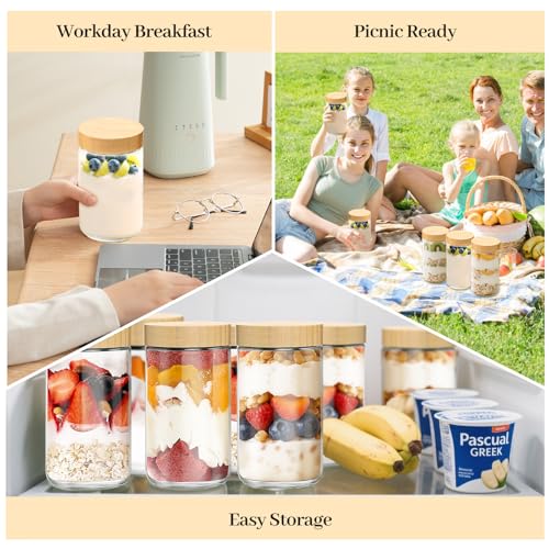 TBWIND 4 Pack 24oz Glass Jars with Bamboo Lids, Spoons, Airtight Overnight Oats Containers, Wide Mouth Mason Jars, Food Storage Container for Yogurt Salad Snacks Spice Sugar Meal Prep – Reusable - color: 24oz-Natural Lids-4 Spoon
