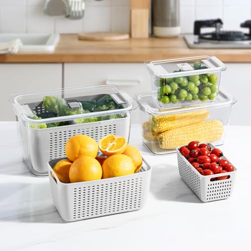 LUXEAR Fresh Container, 3PACK Produce Saver Container BPA Free Fridge Organizer for Vegetable Fruit and Salad Partitioned Food Storage Container with Vents Stay Fresh Containers Not Dishwashers Safe - color: White