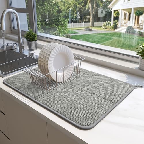 YDKGL Dish Drying Mat for Kitchen Counter, Ultra Absorbent & Fast Drying Dish Mat Machine Washable Foldable Drying Pad for Countertops, Sinks, Draining Racks, Grey - size: 16" x 24"