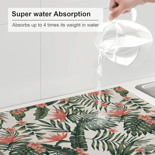 Tropical Green Palms Leaf Dish Drying Mat Pink Flower Hawaii Watercolor Floral Drying Rack Pad Countertop Dishes Ultra Absorbent Microfiber Kitchen Counter Mat 18x24 Inch - color: Green