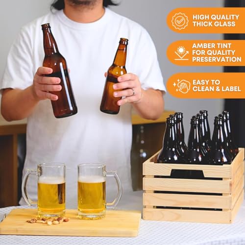 FastRack Amber Beer Bottles 22oz (Pack of 12) | Longneck Glass Beer Bottles with Pry-off Crown Finish for Home Brewing Mead, Cider & Kombucha | Durable Brewing Bottle & Bottling Kit