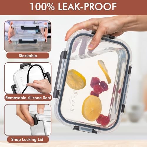 Razab 2 Pcs 1860ml / 63 Oz Large Glass Food Storage Containers with Lids - Glass Meal Prep Containers with Locking Lids for Roasting, Storing Leftover, Lunch Container, BPA Free, Microwave & Oven Safe - color: Black
