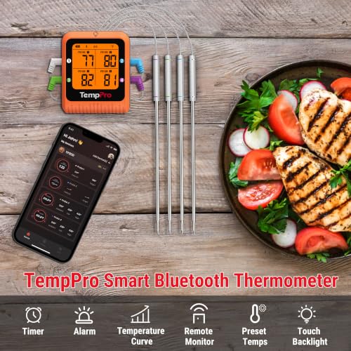 TempPro 650 ft Bluetooth Meat Thermometer with 4 Color-Coded Probes, Wireless Meat Thermometer Digital Wireless with Timer, Commercial Cooking Tools & Utensils Rechargeable for Smoker Oven - style: 4 Probes