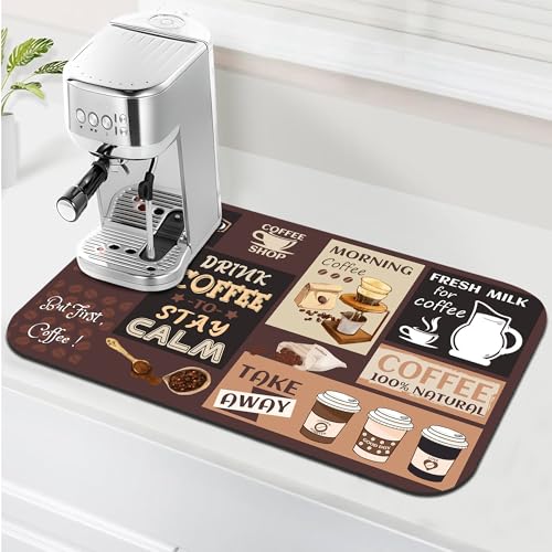 Retro Coffee Pattern Drying Mat 12" x 19", Non-Slip Absorbent Quick-Dry Mat, Protects Countertops from Spills Stains for Coffee Makers Espresso Machines - color: Coffee