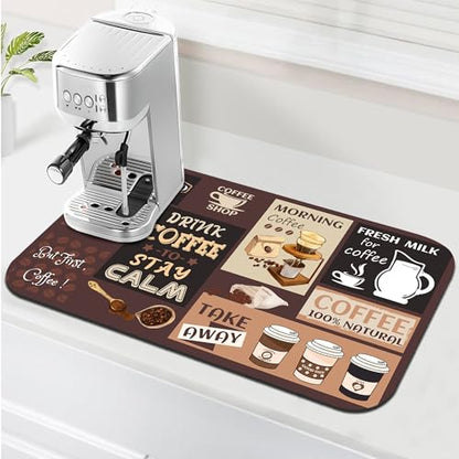 Retro Coffee Pattern Drying Mat 12" x 19", Non-Slip Absorbent Quick-Dry Mat, Protects Countertops from Spills Stains for Coffee Makers Espresso Machines - color: Coffee