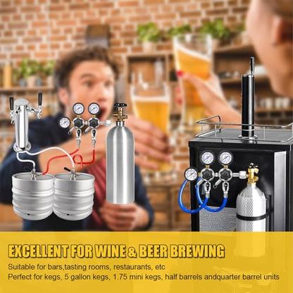 MRbrew CO2 Regulator Dual Output CGA-320 Keg Regulator Draft Beer Regulator | Quick Disconnect Threaded End Fitting with 2 Swivel Nut Barb-1/4’’ Barb & 5/16’’ Barb, CO2 Tank Pressure Regulator