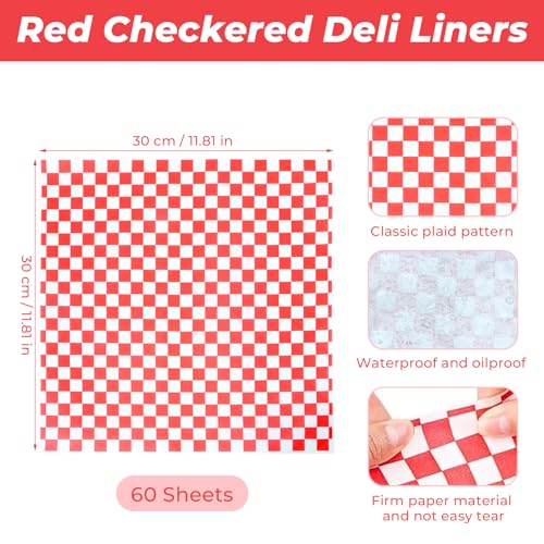 60 Sheets Red Checkered Deli Liners and 6 Black Fast Food Baskets, Classic Deli Baskets with Red Checkered Dry Waxed Deli Paper(12'') (6+60)