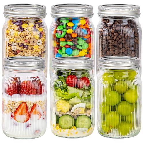 LUODA MirthMood 32 OZ Wide Mouth Mason Jars, 6 PACK Glass Mason Jars with airtight Lids, Quart mason jars wide mouth for Fermenting, Pickling, Freezing, Preserving, Meal Prep, Jar Décor