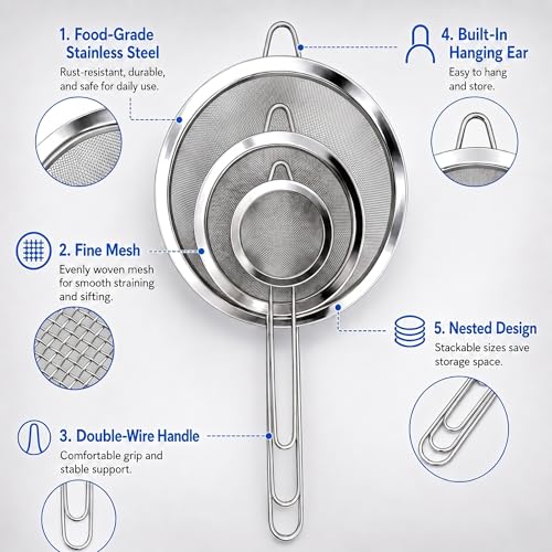 HiramWare Fine Mesh Strainer Set of 3, Premium Stainless Steel Colander with Handle, Large, Medium, Small Sieve for Tea, Pasta, Rice, Fruits, Berries, Flour, Veggies, Metal Sifter for Kitchen - size: Large + Medium + Small