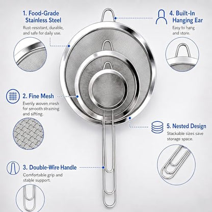 HiramWare Fine Mesh Strainer Set of 3, Premium Stainless Steel Colander with Handle, Large, Medium, Small Sieve for Tea, Pasta, Rice, Fruits, Berries, Flour, Veggies, Metal Sifter for Kitchen - size: Large + Medium + Small