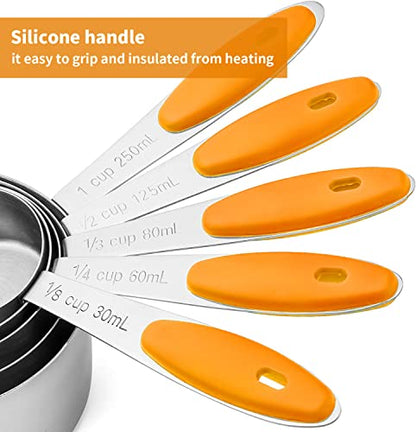 SEEK42 Measuring Spoons and Cups Set of 10 Pieces, Stainless Steel Measuring Utensils with BPA-Free Silicone Grips,Metal Scale Tools for Kitchen Cooking Baking, Dishwasher-Safe (Orange)