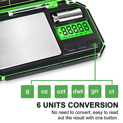 Fuzion Digital Gram Scale, TU-X 200g/0.01g Pocket Herb Scale with 6 Units for Personal Hobbies, Small Scale .01 Gram Accuracy Measuring Jewelry, Food, Powder - color: Green