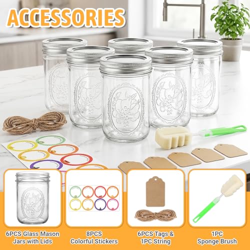 Wide Mouth Mason Jars 16 oz 6 Pack with Airtight Lids & Measurement Marks | Glass Canning Jars Pint Jars for Pickling,Fermenting,Preserving,Freezing,Meal Prep,Overnight Oats & Jam - color: 16fl.oz 6pack