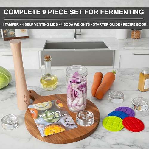 BALCI Complete Mason Jar Fermentation Kit – 9 Pc Starter Set with Fermentation Lids, Glass Weights, Wooden Tamper & Recipe Book – Wide Mouth Fermenter for Sauerkraut, Kimchi, Pickles & Probiotics