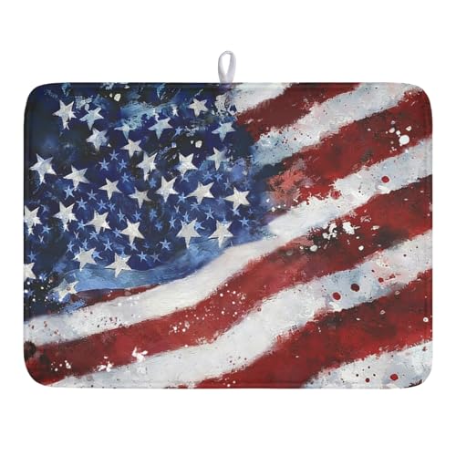 4th of July Dish Drying Mat 24x18 Inch, Patriotic Drying Mat with Absorbent Reversible Microfiber, Independence Day Dish Drainer Mats Memorial Day Rack Pad for Coffee Countertop Kitchen Protector - color: Patriotic Flag Blue Red, size: 24" x 18"