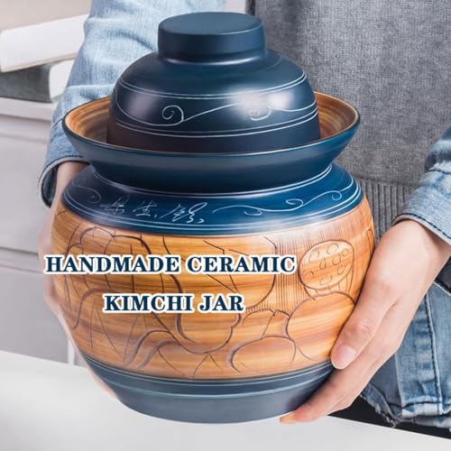Retro Kimchi Jar with Embossed Lotus Pattern, Water-Sealed Fermentation Tank, Handmade Ceramic Pickling Crock, with Double Lid(5kg/176.4oz) - size: 5kg/176.4oz