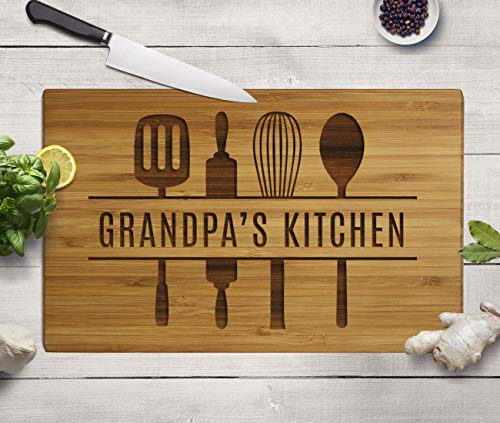 Andaz Press Large Bamboo Wood Cutting Board Gift, 17.75 x 11-inch, Grandpa's Kitchen, Utensils Graphic, 1-Pack, Laser Engraved Serving Chopping Board Christmas Birthday Chef Kitchen Ideas - color: Grandpa