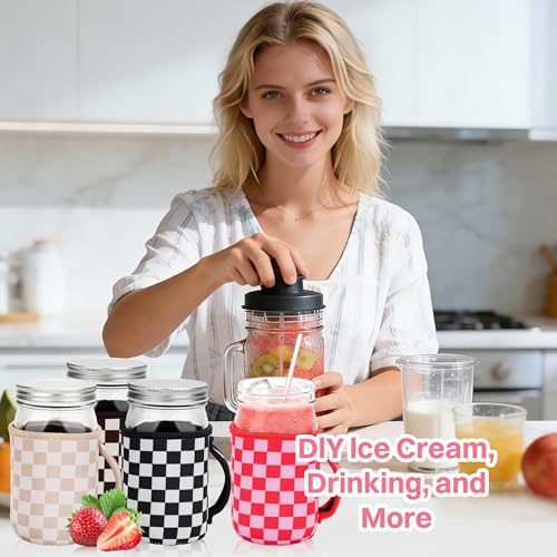KJQJLY 4 Pcs Mason Jars Sleeves Neoprene 32oz Regular and Wide Mouth Mason Jar Sleeves Holder with Handle (Checkered, 32 OZ) - color: Checkered, size: 32 OZ