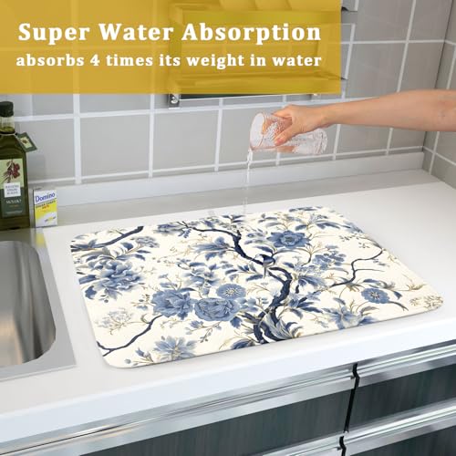 Chinoiserie Trees Dish Drying Mat for Kitchen Counter,Bule Birds Flowers Drying Mat 18 x 24 Inch with Absorbent Reversible Microfiber Drying Pad for Coffee Bar - size: 18" x 24"