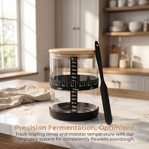 Sourdough Starter Jar Kit, 50 OZ Wide Mouth Sour Dough Starter Jar Glass | Jar for Sourdough Starter with Non-Slip Silicone Bottom,Date Marked Feeding Band,Thermometer Band,Cloth Cover & Bamboo Lid