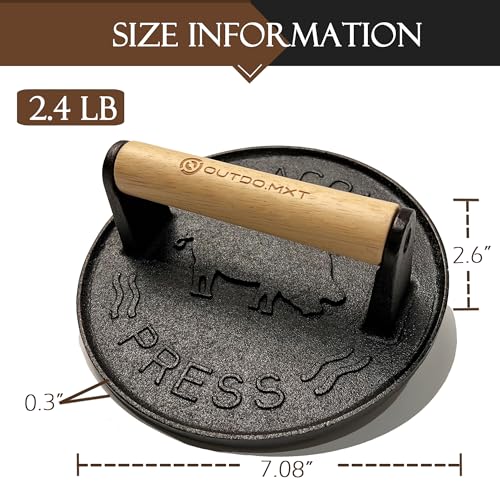 Cast Iron 7" Smash Burger Press,Heavy Duty 2.5lb Burger Smasher with Wood Handle and Silicone Protective Cover for Griddle,Grill Press for Hamburger, Bacon, Steak, Barbecue Grilling Tool - size: Cast Iron 7.0-Inch Round