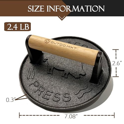 Cast Iron 7" Smash Burger Press,Heavy Duty 2.5lb Burger Smasher with Wood Handle and Silicone Protective Cover for Griddle,Grill Press for Hamburger, Bacon, Steak, Barbecue Grilling Tool - size: Cast Iron 7.0-Inch Round