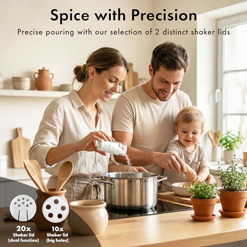 EDELHAUS® Square Spice Jars with Bamboo Wooden Lid (Pack of 24) Spice Jars with Shaker Insert and 240 Labels - Bamboo Lid Glass Container for Spice Organisation [4.3 in × 1.8 in] - color: White Labels