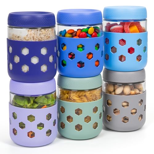Gemice 6-Pack 16oz Glass Mason Jars with Silicone Sleeves, Airtight BPA-Free Overnight Oats Containers with Lids, Dishwasher Safe Leak-Proof Meal Prep Jars for Chia Pudding, Yogurt, Snacks - color: Indigo Orchid, size: 16oz, 6-Pack