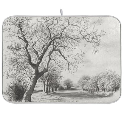 Bare Trees Gray Dish Drying Mat for Kitchen Counter Super Absorbent Draining Mat with Non-slip Backed Sink Tray Mat for Dish Bottles Cups Bowl Countertops Sinks Draining Racks