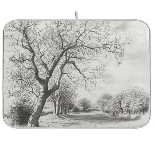 Bare Trees Gray Dish Drying Mat for Kitchen Counter Super Absorbent Draining Mat with Non-slip Backed Sink Tray Mat for Dish Bottles Cups Bowl Countertops Sinks Draining Racks