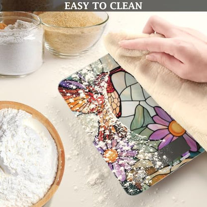 Brown Hummingbirds Purple Daisy Stained Glass Food Scale Kitchen Digital Scale Food Ounces and Grams Dieting Baking Cooking Waterproof Glass Panels LCD Display,4 Units Tare Function - color: brown humming birds purple daisy stained glass