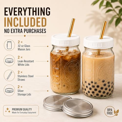 Boba Tea Cups 32 oz (2-Pack) – Mason Jar Glass Cups with Lids & Gold Stainless Steel Wide Straws for Bubble Tea, Smoothies & Iced Coffee