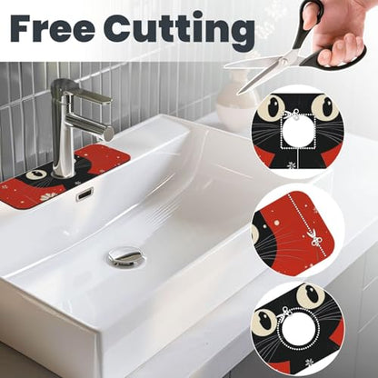 Kitchen Sink Faucet Mat Splash Guard, Christmas Black Cat Red Flowers Snow Super Absorbent Drying Mat, Non-Slip Drain Pad for Bathroom Counter - color: Black Cat Red Flowers Snow