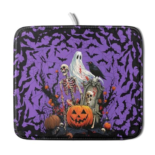 Giwawa Halloween Pumpkin Dish Drying Mat 16x18 inch Spooky Ghost Bat Dish Rack Mats Microfiber Draining Pad Fast Dry Holiday Kitchen Accessories - color: Halloween Purple, size: 16x18 inch