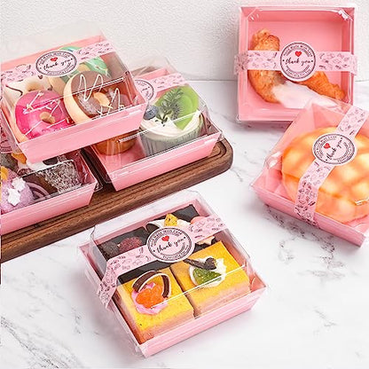 Paper Charcuterie Boxes with Clear Lids and Stickers - 50 SETS 4 Inches Square Disposable Food Containers Bakery Boxes for Bakery, Macaron, Sandwich, Slice Cake, Cookies, Hot Cocoa Bombs, Strawberries (Pink) - color: Pink