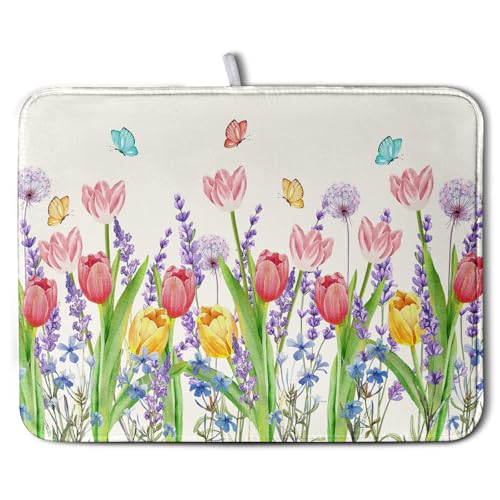 Spring Floral Dish Drying Mat for Kitchen Counter Tulip Lavender Flower Dishes Pad Absorbent Microfiber Dish Draining Mat Washable Dish Drainer Rack Mats Extra Large 18"x24" - color: Tulip, size: 18" x 24"