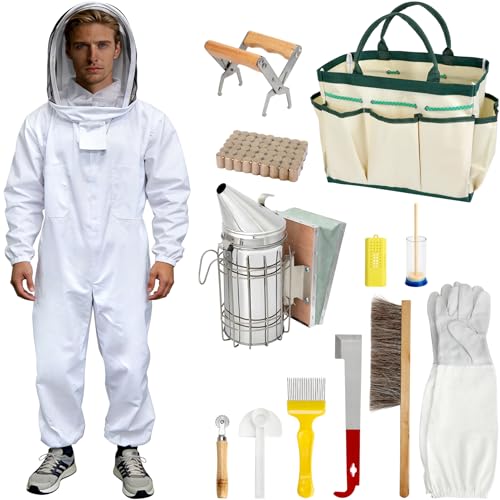 Blisstime 13pcs Bee Hives Starter Kit Beekeeping Supplies with Bee Suit, Bee Supplies and Equipment with Bee Smoker, Honey Bee Hive Tools for Beginners and Bee Keeper(XXL)