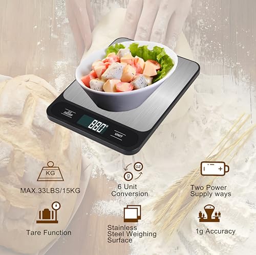 33lb/15kg USB Rechargeable Digital Kitchen Scale, Food Scale, LCD Display, High Capacity Weight Grams and Ounces for Baking Cooking and Meal Prep, 6 Units with Tare Function