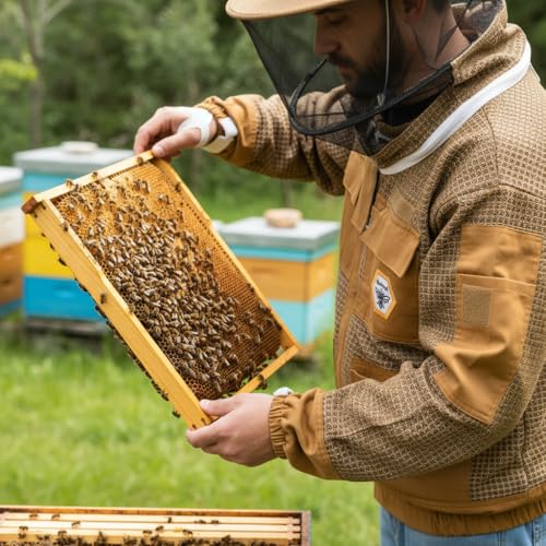 Beekeeping Jacket with Veil 3-Layer Ultra Ventilated 2 Veil Options (Fencing & Round) YKK Zippers Full Protection Suit Carrying Bag (BP-302-Brown)-M - color: Brown 2 Veils, size: M