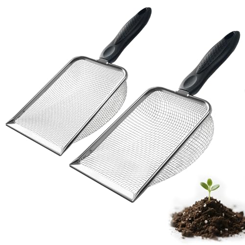 2 PCS 2-in-1 Gardening Soil Sifter Set with 2/2.8mm Mesh, Garden Sieve & Shovel Sifter Screen Potting Scoop for Sand, Dirt, Rock Compost, Stainless Steel & Ergonomic Handle