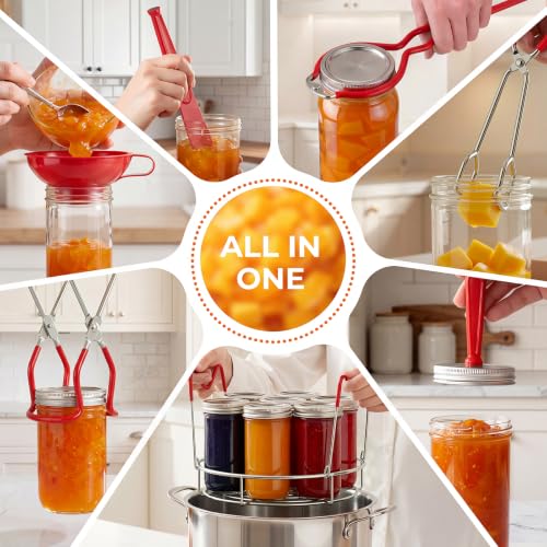 Pisol Canning Supplies Starter Kit, 7 Piece Canning Tools Set with Stainless Steel Rack, Wide Mouth Funnel, Kitchen Tongs, Jar Lifter, Magnetic Lid Lifter, jar Wrench, Bubble Popper - color: Red