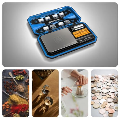 UNIWEIGH Digital Pocket Scale 200g/0.01g, Digital Gram Scale Precision | Mini Jewelry Scales digital weight grams with 50g Cal Weights for food,Jewelry,Coins,small items,(Battery Included)-Blue - color: Blue