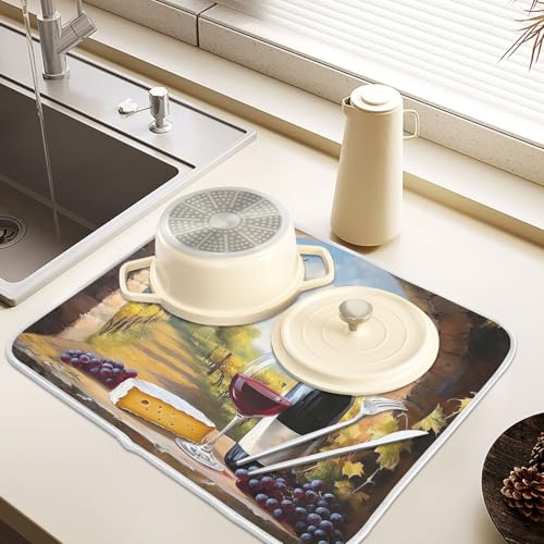 Red Wine Glasses with Grape Cheese Farmhouse Dish Drying Mats for Kitchen Counter Absorbent Microfiber Dish Drying Matt 16 x 18 Inch Draining Reusable Rack Pad