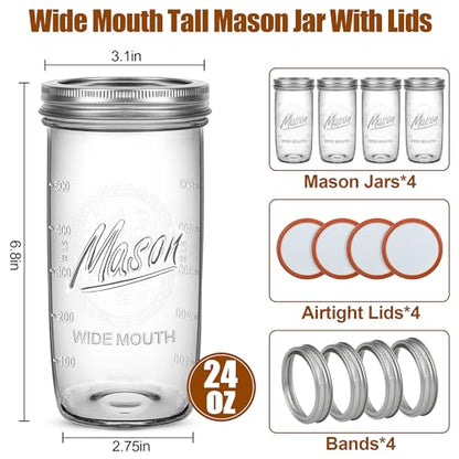 24oz Wide Mouth Mason Jars – 4 Pack Reusable Glass Mason Jars with Airtight Lids for Canning, Pickling, Food Storage, Jam, Jelly, DIY Crafts – Dishwasher Safe