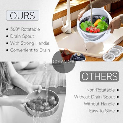 4-1 Strainer with Bowl Set - Rotatable Colander for Kitchen(Patented) - Strainers and Colanders - Pasta Strainer with New Upgraded Graters for Fruit Veggie Fun Kitchen Presents - White - color: White